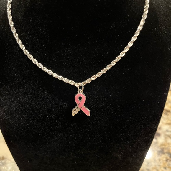 Jewelry Breast cancer awareness Silver Necklace with Pink Ribbon Pendant - Picture 3 of 3